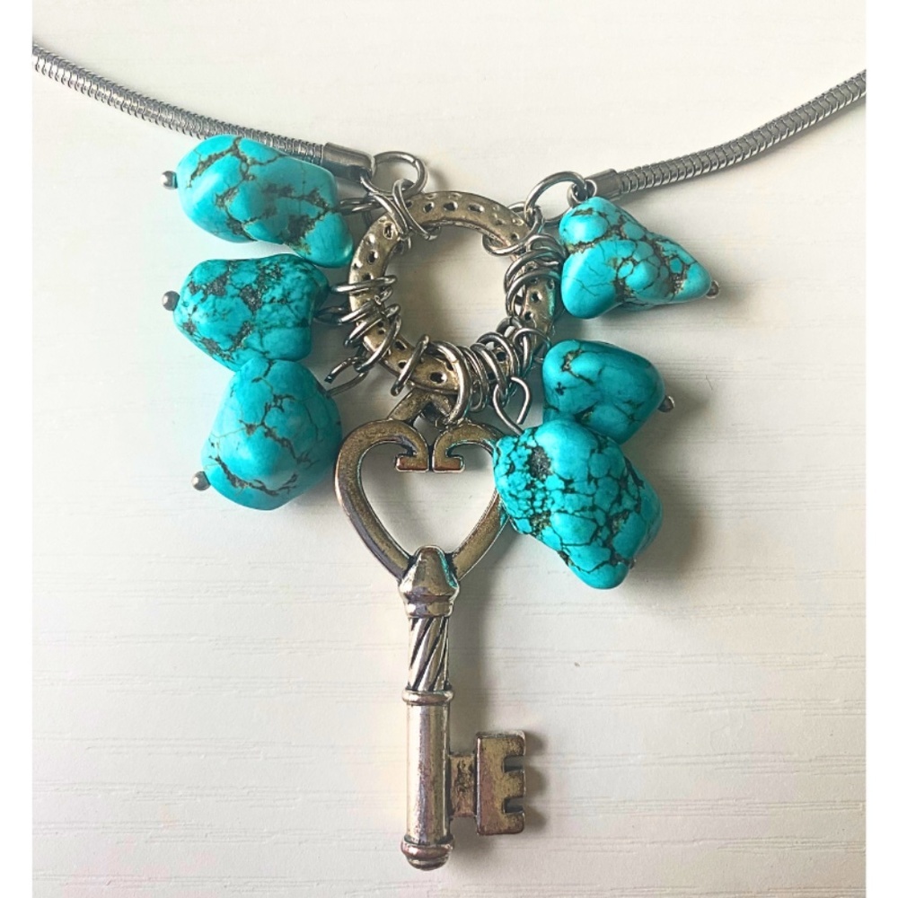 Turquoise & Silver-Plated Necklace with Key Charm - Choker-11in Chain
